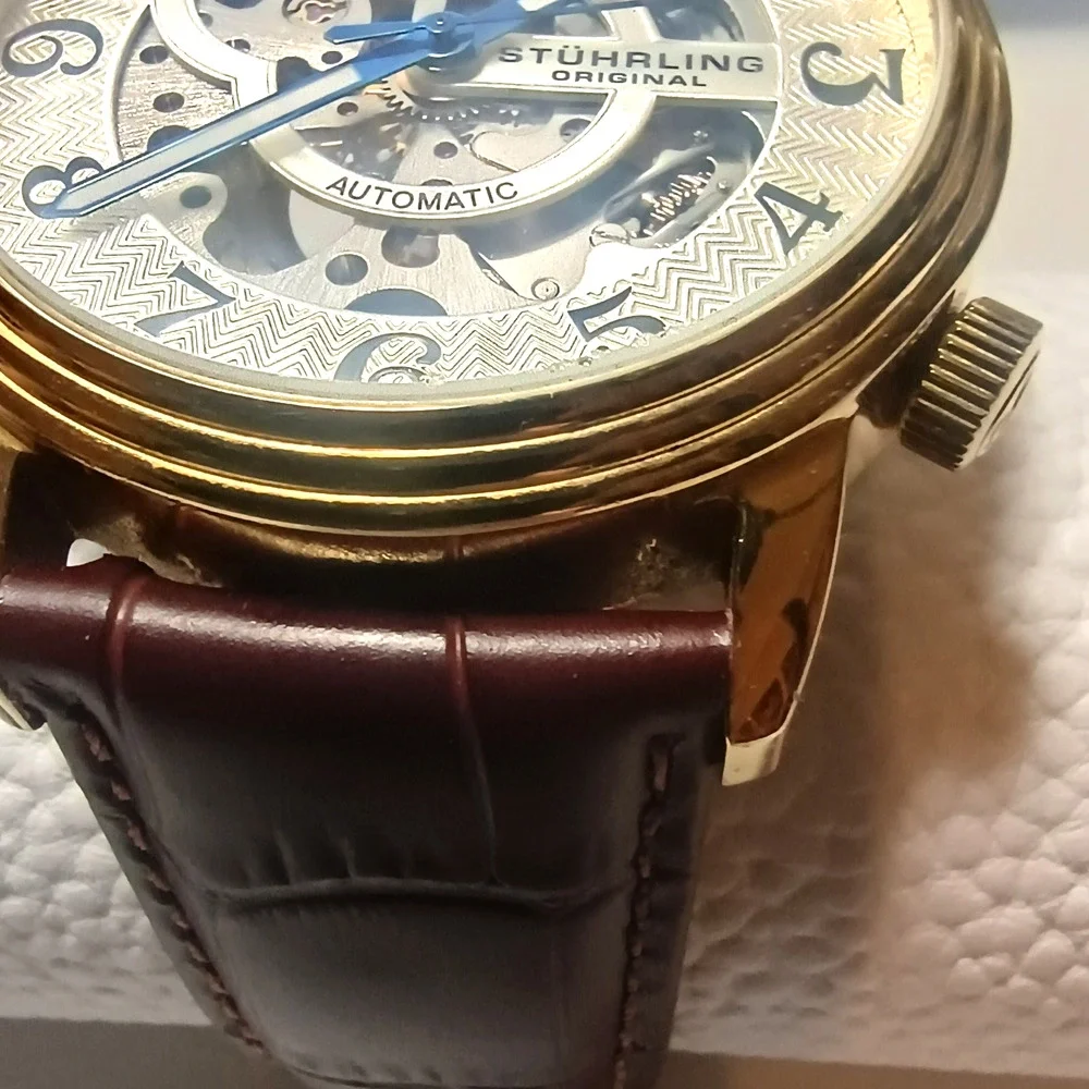 Stuhrling Delphi Oracle 107BG Automatic 44mm Skeleton Watch Gold toned Leather - Picture 6 of 16